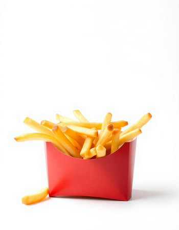 French fries in red box isolated on white background. Selective focus.