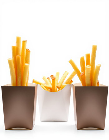 French fries in paper box isolated on white background, clipping path included