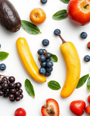 Fruits and berries on white background, top view. Healthy foodの写真素材
