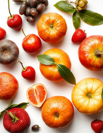 Fruits on a white background, top view. Flat lay.