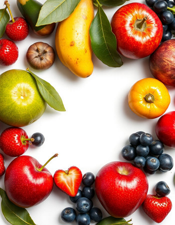Fresh fruits and berries isolated on white background. Top view. Flat layの写真素材