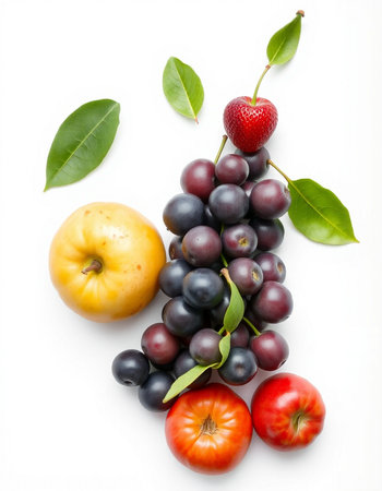 Fruits and vegetables isolated on a white background. Top view.