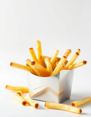 French fries in a paper box on a white background. Selective focus.