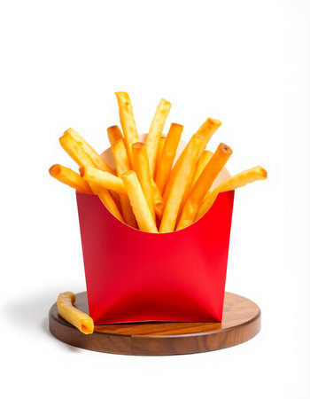French fries in red box isolated on white background, clipping path included
