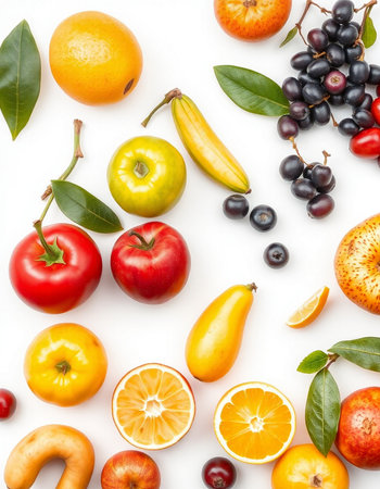 Fruits and vegetables isolated on white background. Flat lay, top view