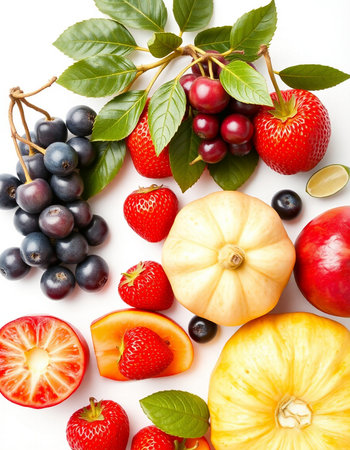 Fresh fruits and berries isolated on white background. Healthy food concept.