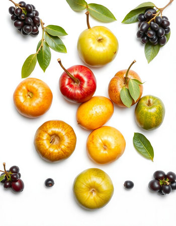 Fruits isolated on white background. Ripe red apple, black currant, plums. Top view.