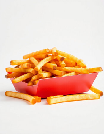 French fries in a red box on a white background. Isolated