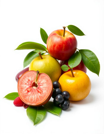 Fruits isolated on a white background. Apples, plums, grapescots, cherriesの写真素材