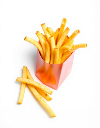 French fries in a box on a white background. Fast food.