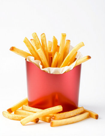 French fries in a red box on a white background. Isolated