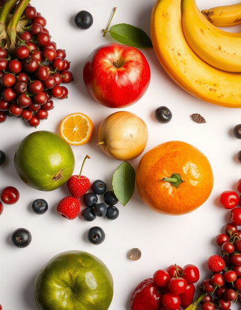 Composition with fresh fruits and berries on white background, top viewの写真素材