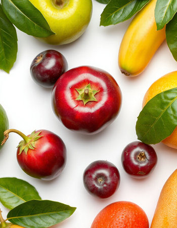 Fruits with leaves on white background, top view. Healthy food