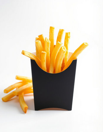 French fries in a black box on a white background. Isolated