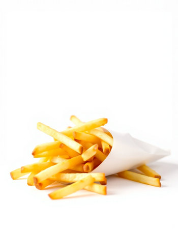 French fries in paper bag on white background. Selective focus.