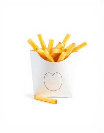 French fries in a paper box isolated on white background, clipping path includedの写真素材