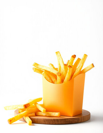 French fries in a box on a white background. Selective focus.