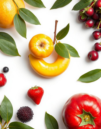 Fruits and berries isolated on white background. Flat lay, top viewの写真素材