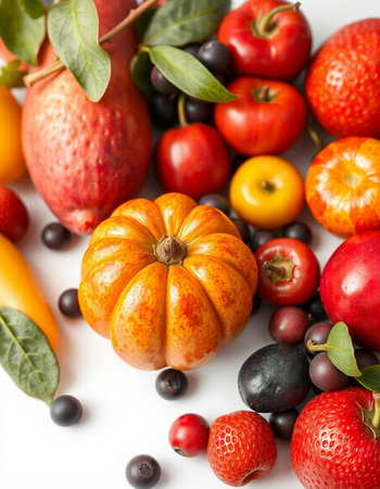 Fresh fruits and vegetables on the white background. Healthy food background.