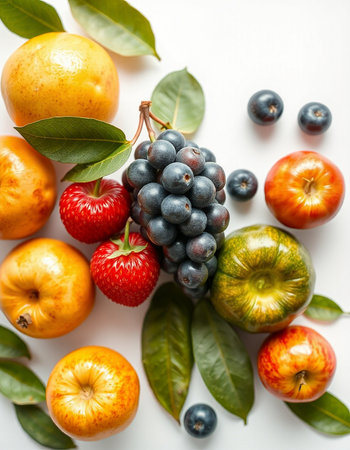 Fruits and berries on a white background. Flat lay, top view