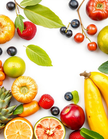 Fresh fruits and vegetables isolated on white background. Top view. Flat layの写真素材