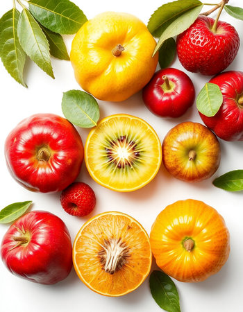 Fruits and berries on white background. Flat lay, top viewの写真素材