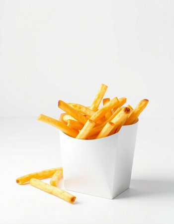 French fries in a white box on a white background. Fast food.