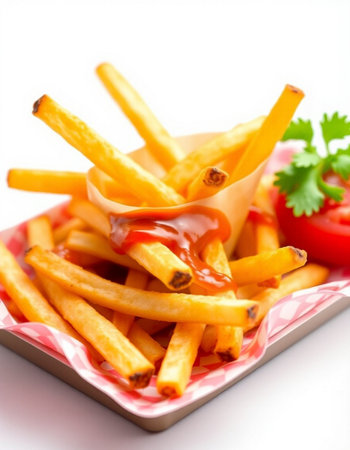 French fries with ketchup and parsley on a white background.