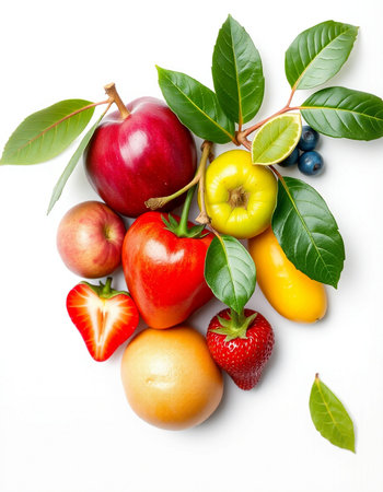 Fruits on a white background. Healthy food. Top view.