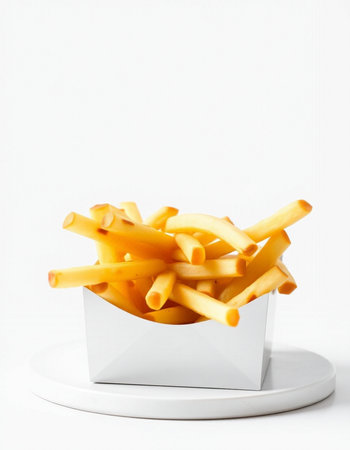 French fries in a white box on a white background with space for textの写真素材