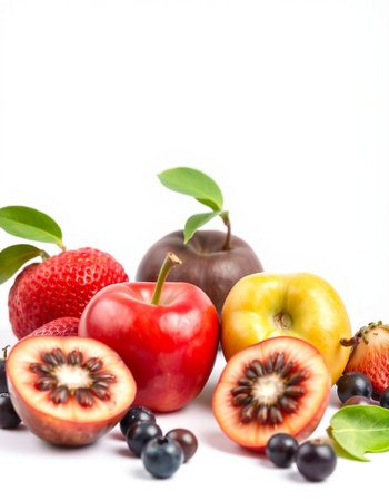 Fresh fruits isolated on white background. Red apple, blackberrycot, kiwi, strawberry, blueberry