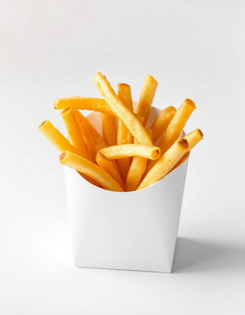 French fries in a white box on a white background, fast food