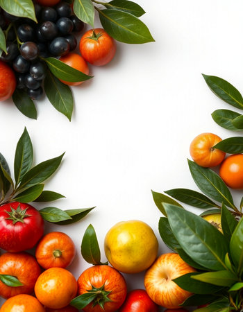 Fruits and vegetables on a white background. View from above.の写真素材