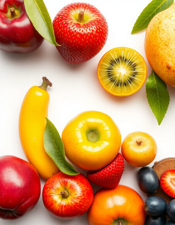 fresh fruits on white background, top view, close-up.