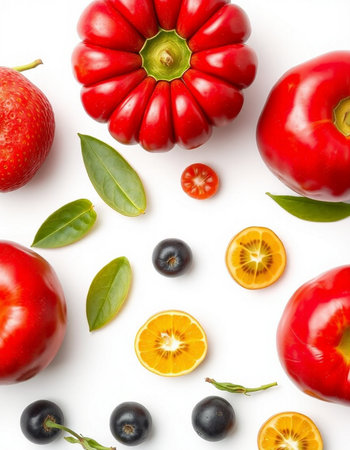 Fresh fruits and vegetables on white background, top view. Healthy foodの写真素材
