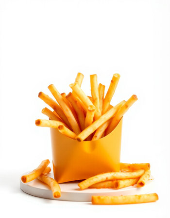 French fries in a yellow box on a white background. Isolated