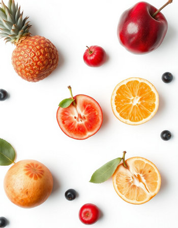Flat lay composition with ripe fruits on white background, top viewの写真素材