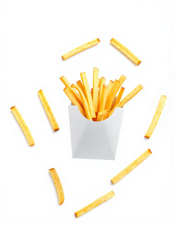 French fries in paper box isolated on white background. Top view.