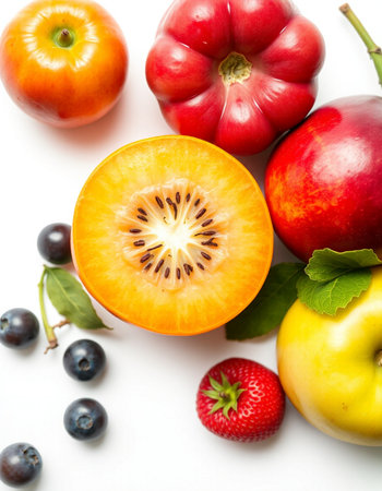Fresh fruits and berries isolated on white background. Healthy food concept.