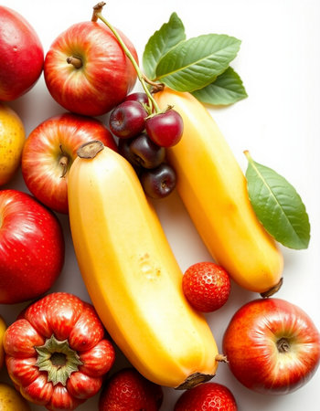 Fresh fruits and vegetables isolated on white background. Healthy food concept.