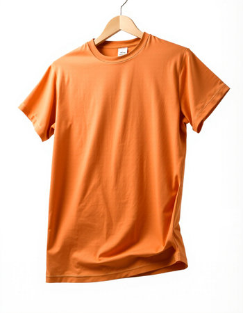 Orange t-shirt on a hanger isolated on a white backgroundの写真素材