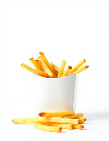 French fries in a white cup on a white background with space for text
