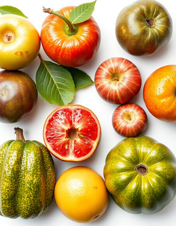Fruit collection isolated on white background. Flat lay, top viewの写真素材