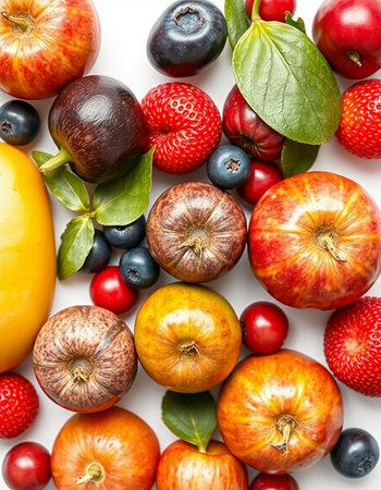 Fruits and vegetables on a white background. Flat lay, top viewの写真素材