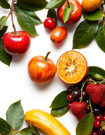 Fruits and berries on white background. Flat lay, top view