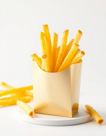 French fries in paper box on white background. Selective focus.の写真素材