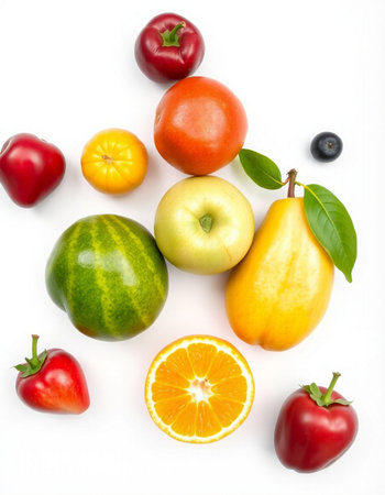 Fresh fruits and vegetables isolated on white background. Healthy food concept.の写真素材