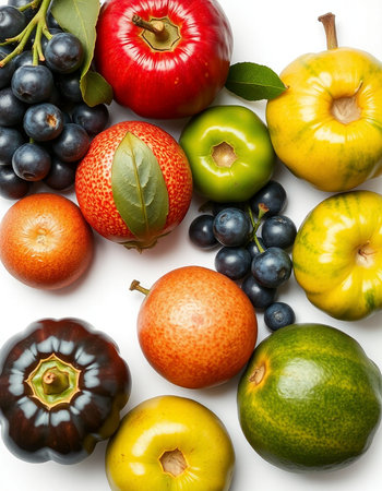 Fruits and vegetables isolated on a white background. Top view.の写真素材