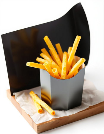 French fries in a box on a white background. Fast food.