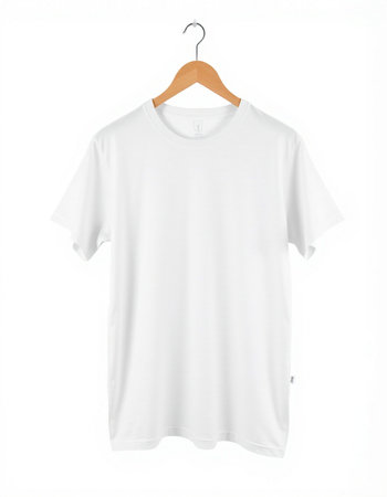 White t-shirt on wooden hanger isolated on white background.の写真素材
